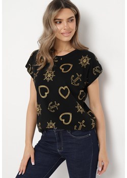 Czarny T-shirt z Błyszczącym Nadrukiem z Elastycznej Bawełny Nacira ze sklepu Born2be Odzież w kategorii Bluzki damskie - zdjęcie 170542556