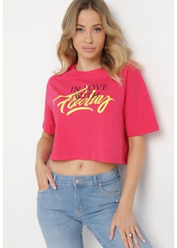 Fuksjowy Bawełniany T-shirt Oversize o Krótkim Kroju z Nadrukiem Prismarina ze sklepu Born2be Odzież w kategorii Bluzki damskie - zdjęcie 170570899