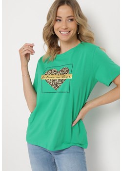 Zielony Bawełniany T-shirt z Ozdobnym Nadrukiem na Przodzie Janettia ze sklepu Born2be Odzież w kategorii Bluzki damskie - zdjęcie 170570918