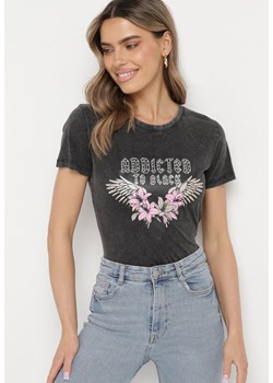 Ciemnoszary T-shirt z Bawełny w Rockowym Stylu z Nadrukiem Arqunita ze sklepu Born2be Odzież w kategorii Bluzki damskie - zdjęcie 170570956