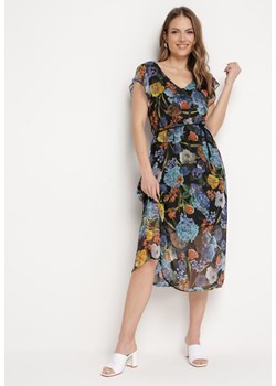 Czarno-Niebieska Sukienka Rozkloszowana Midi w Kwiatowy Print Nelettia ze sklepu Born2be Odzież w kategorii Sukienki - zdjęcie 170570988