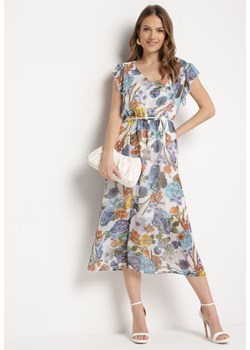 Biało-Niebieska Sukienka Rozkloszowana Midi w Kwiatowy Print Nelettia ze sklepu Born2be Odzież w kategorii Sukienki - zdjęcie 170570995