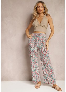 Beżowe Spodnie z Gumką w Talii z Mozaikowym Wzorem Boho z Wiskozy Ovennti ze sklepu Renee odzież w kategorii Spodnie damskie - zdjęcie 170579806