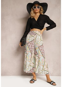 Miętowe Szerokie Spodnie Culottes z Mozaikowym Wzorem i Gumką w Pasie Mizina ze sklepu Renee odzież w kategorii Spodnie damskie - zdjęcie 170579836