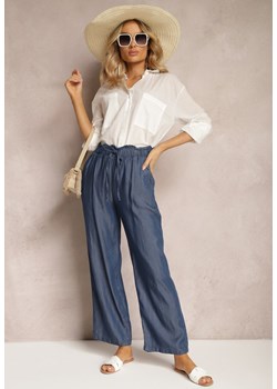 Granatowe Spodnie z Bawełny High Waist Szerokie Nogawki i Wiązanie w Pasie Darsakia ze sklepu Renee odzież w kategorii Spodnie damskie - zdjęcie 170579846