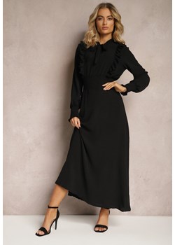 Czarna Maxi Sukienka Rozkloszowana z Falbankami i Wiązaniem przy Dekolcie Pallam ze sklepu Renee odzież w kategorii Sukienki - zdjęcie 170579856