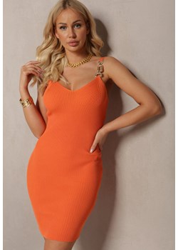 Pomarańczowa Prążkowana Sukienka z Wycięciami na Dekolcie o Dopasowanym Fasonie Ninona ze sklepu Renee odzież w kategorii Sukienki - zdjęcie 170579876
