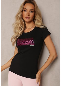 Czarny T-shirt z Bawełny Ozdobiony Nadrukiem z Przodu Ubsaria ze sklepu Renee odzież w kategorii Bluzki damskie - zdjęcie 170579936