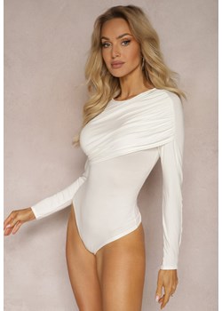 Białe Body na Długi Rękaw z Bawełny z Ozdobną Zakładką Mahrine ze sklepu Renee odzież w kategorii Bluzki damskie - zdjęcie 170579989