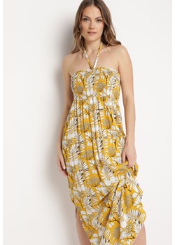 Żółta Wiskozowa Sukienka Rozkloszowana Wiązana na Szyi w Kwiatowy Print Skaida ze sklepu Born2be Odzież w kategorii Sukienki - zdjęcie 170580485