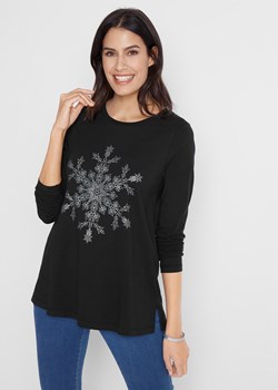 Shirt bawełniany z długim rękawem i nadrukiem z motywem płatków śniegu ze sklepu bonprix w kategorii Bluzki damskie - zdjęcie 170592276