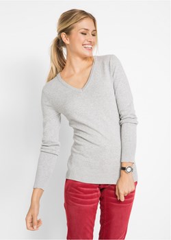 Sweter z dekoltem w serek z dzianiny o gładkim splocie drobnych oczek ze sklepu bonprix w kategorii Swetry damskie - zdjęcie 170594227