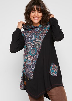 Shirt z kapturem, dłuższymi bokami i nadrukiem w patchworkowym stylu, długi rękaw ze sklepu bonprix w kategorii Bluzki damskie - zdjęcie 170595827