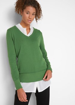 Sweter z dekoltem w serek z dzianiny o gładkim splocie drobnych oczek ze sklepu bonprix w kategorii Swetry damskie - zdjęcie 170596446