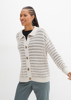 Sweter rozpinany ażurowy z kołnierzykiem polo ze sklepu bonprix w kategorii Swetry damskie - zdjęcie 170610537