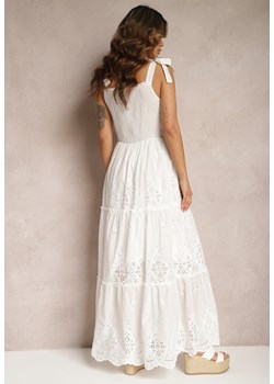 Biała Ażurowa Sukienka Rozkloszowana Maxi z Bawełny z Wiązanymi Ramiączkami Miresta ze sklepu Renee odzież w kategorii Sukienki - zdjęcie 170627405