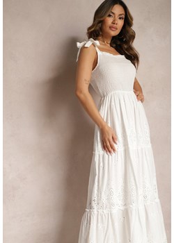 Biała Ażurowa Sukienka Rozkloszowana Maxi z Bawełny z Wiązanymi Ramiączkami Miresta ze sklepu Renee odzież w kategorii Sukienki - zdjęcie 170627408