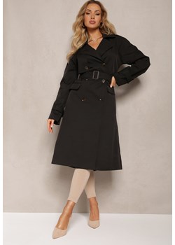 Czarny Płaszcz Trencz Dwurzędowy Taliowany Paskiem z Patkami na Rękawach Diore ze sklepu Renee odzież w kategorii Płaszcze damskie - zdjęcie 170627436