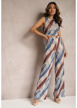 Granatowo-Beżowe Siateczkowe Spodnie Szerokie High Waist Mandiore ze sklepu Renee odzież w kategorii Spodnie damskie - zdjęcie 170627466
