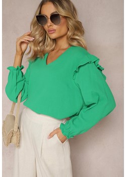 Zielona Bawełniana Bluzka z Trójkątnym Dekoltem i Ozdobną Falbanką Redsta ze sklepu Renee odzież w kategorii Bluzki damskie - zdjęcie 170627486