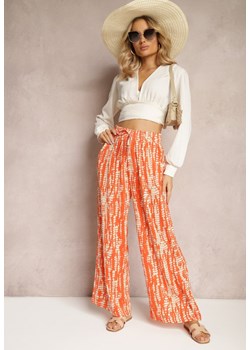 Pomarańczowe Spodnie z Szerokimi Nogawkami z Abstrakcyjnym Wzorem i Gumką w Pasie Sarieta ze sklepu Renee odzież w kategorii Spodnie damskie - zdjęcie 170627506