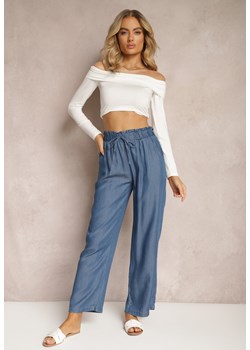 Ciemnoniebieskie Spodnie z Bawełny High Waist Szerokie Nogawki i Wiązanie w Pasie Darsakia ze sklepu Renee odzież w kategorii Spodnie damskie - zdjęcie 170627547