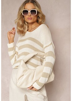 Jasnobeżowy Sweter w Szerokie Paski z Dekoltem w Serek Liminela ze sklepu Renee odzież w kategorii Swetry damskie - zdjęcie 170627556