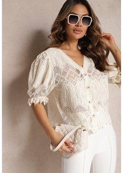 Beżowa Bluzka Prześwitująca w Ażurowe Wzory na Guziki Enriesa ze sklepu Renee odzież w kategorii Bluzki damskie - zdjęcie 170627666