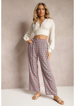 Różowe Szerokie Spodnie z Gumką w Talii z Wiskozy w Mozaikowy Print Wavelette ze sklepu Renee odzież w kategorii Spodnie damskie - zdjęcie 170627746