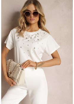 Biały T-shirt z Bawełny Ozdobiony Cyrkoniami Askadia ze sklepu Renee odzież w kategorii Bluzki damskie - zdjęcie 170628049