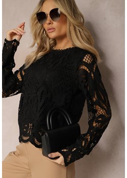 Czarna Koronkowa Bluzka z Ażurowymi Wycięciami Alintia ze sklepu Renee odzież w kategorii Bluzki damskie - zdjęcie 170633445