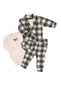 Komplet bawełniany niemowlęcy czapka + bluza + spodnie + body + butki w kratkę czarny ze sklepu 5.10.15 w kategorii Komplety niemowlęce - zdjęcie 170641937