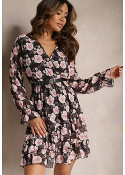 Czarna Krótka Sukienka w Kwiatowy Wzór z Dekoltem V Icarba ze sklepu Renee odzież w kategorii Sukienki - zdjęcie 170645798