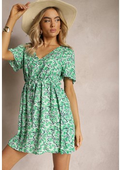 Zielona Wiskozowa Sukienka ze Sznureczkiem w Talii z Krótkimi Rękawami i Mozaikowym Printem Travei ze sklepu Renee odzież w kategorii Sukienki - zdjęcie 170646107