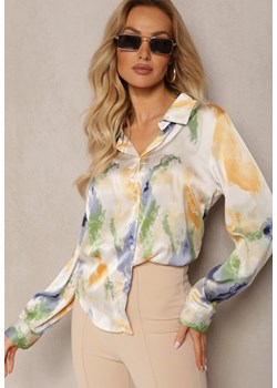 Beżowo-Zielona Koszula z Satynowej Tkaniny Ozdobionej Satynowym Wzorem Tapreva ze sklepu Renee odzież w kategorii Koszule damskie - zdjęcie 170646117