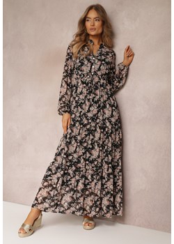 Czarna Sukienka Maxi w Kwiaty ze Sznurkiem w Pasie Marili ze sklepu Renee odzież w kategorii Sukienki - zdjęcie 170685407