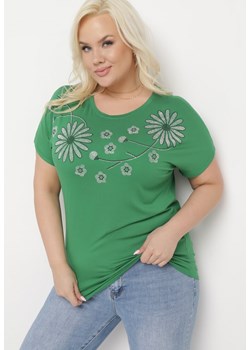 Zielony Bawełniany T-shirt Nietoperz Ozdobiony Cyrkoniami Rinada ze sklepu Born2be Odzież w kategorii Bluzki damskie - zdjęcie 170688676