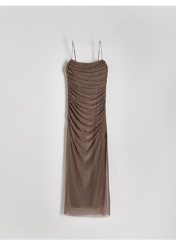 Reserved - Tiulowa sukienka z marszczeniami - brązowy ze sklepu Reserved w kategorii Sukienki - zdjęcie 170695027