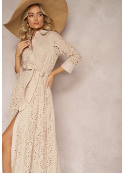 Beżowa Ażurowa Sukienka Koszulowa z Bawełnianej Tkaniny Felicema ze sklepu Renee odzież w kategorii Sukienki - zdjęcie 170700677