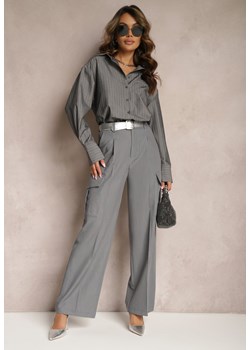 Ciemnoszare Szerokie Spodnie High Waist w Eleganckim Stylu z Kieszeniami Cargo Dekanna ze sklepu Renee odzież w kategorii Spodnie damskie - zdjęcie 170700697