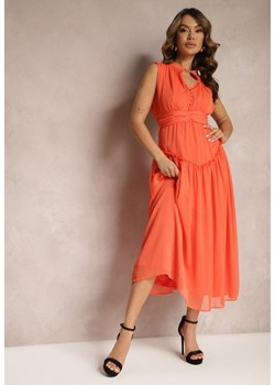 Pomarańczowa Rozkloszowana Sukienka Długa z Guzikami o Taliowanym Fasonie Jovitta ze sklepu Renee odzież w kategorii Sukienki - zdjęcie 170700718