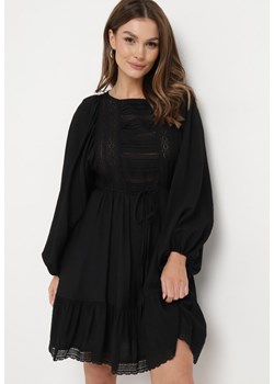 Czarna Sukienka Boho z Ażurową Górą i Bufiastymi Rękawkami Delankia ze sklepu Born2be Odzież w kategorii Sukienki - zdjęcie 170701356