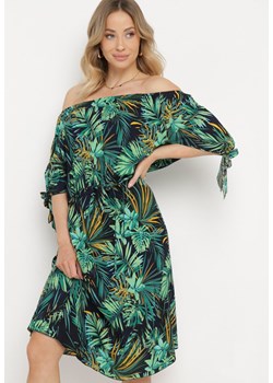 Granatowo-Zielona Hiszpanka Sukienka z Bawełny z Paskiem i Wiązaniem przy Rękawach Celintia ze sklepu Born2be Odzież w kategorii Sukienki - zdjęcie 170701477
