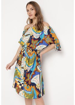 Granatowo-Beżowa Bawełniana Sukienka Hiszpanka w Ornamentalny Wzór z Cienkim Paskiem Dalenkia ze sklepu Born2be Odzież w kategorii Sukienki - zdjęcie 170701517