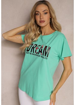 Zielony Bawełniany T-shirt z Ozdobnym Napisem Vespena ze sklepu Renee odzież w kategorii Bluzki damskie - zdjęcie 170710905