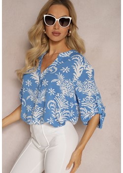 Niebieska Bluzka z Rozpinanym Dekoltem i Ornamentowym Wzorem Minnalia ze sklepu Renee odzież w kategorii Bluzki damskie - zdjęcie 170711005