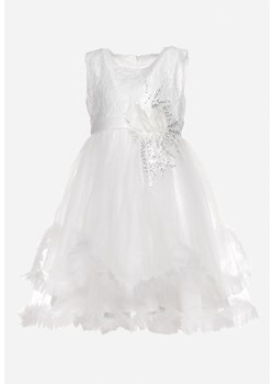 Biała Tiulowa Rozkloszowana Sukienka z Falbankami i Aplikacjami 3D na Pasku Nenella ze sklepu Born2be Odzież w kategorii Sukienki dziewczęce - zdjęcie 170712449