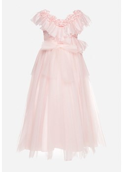 Jasnoróżowa Tiulowa Sukienka z Falbankami i Marszczoną Gumką na Plecach Ulyana ze sklepu Born2be Odzież w kategorii Sukienki dziewczęce - zdjęcie 170723046