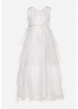 Biała Sukienka z Rozkloszowanym Tiulowym Dołem i Ozdobnym Kwiatkiem i Cyrkoniami Parlevia ze sklepu Born2be Odzież w kategorii Sukienki dziewczęce - zdjęcie 170735968