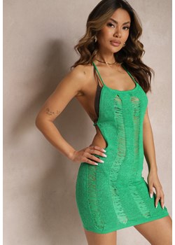 Zielona Ażurowa Sukienka Mini z Odkrytymi Plecami i Głębokim Dekoltem Azani ze sklepu Renee odzież w kategorii Sukienki - zdjęcie 170758477